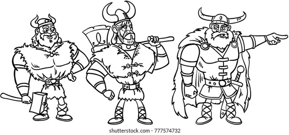 Vikings, three warriors, weapons in the hands
