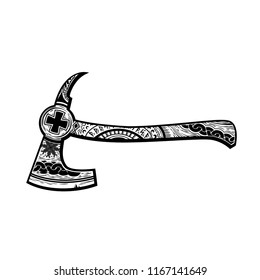 Vikings tomahawk, line art black and white version, vector illustration isolated on white background