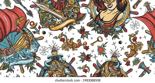 Vikings. Valhalla Art. Northern History. Seamless Pattern. Traditional Tattooing Style. Scandinavian Culture. Medieval Barbarian, Long Boat, Woman Warrior