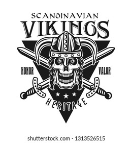Vikings vector emblem, label, badge, logo or t-shirt print with warrior skull in horned helmet isolated on white background