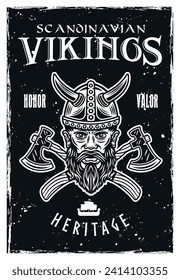 Vikings vector poster vintage illustration in black and white style with grunge textures on separate layers