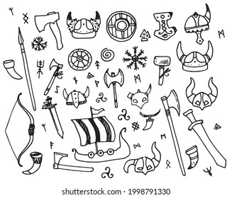 Vikings vector set. hand-drawn set of Scandinavian Vikings helmet with horns, sword, boat, axe, spear and boat, with letters isolated black line on a white background for a design template.