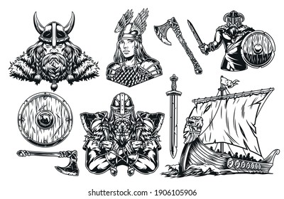 Vikings vintage elements set in monochrome style with bearded scandinavian warriors beautiful valkyrie in winged helmet drakkar ship sword shield and battle axes isolated vector illustration