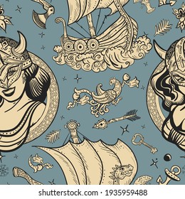 Vikings. Vintage seamless pattern. Long boat and woman warrior. Scandinavian culture. Valhalla art. Old school tattoo style. Northern history background 