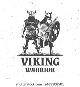 Vikings Krieger Logo, Abzeichen, Aufkleber. Vektorillustration. Für Embleme, Etiketten und Patches. Monochrome Wikinger im Helm mit Doppelaxt, Schlachtschwert und rundem Schild