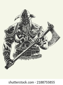 Vikings warrior poster holding ax in monochrome vintage style. Design vector Illustration