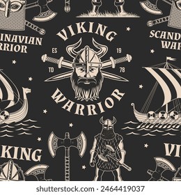 Vikings warrior seamless pattern or background. Vector. Fabric, texture, wallpaper with drakkar, vikings in helmet with battle sword, spear and round shield