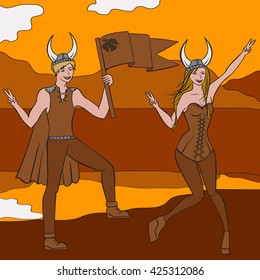 Vikings warriors nordic boy and girl, scandinavian man and woman in helmet. Norwegian culture and nature, Norway landscape outline