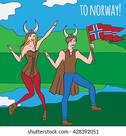 Vikings warriors nordic boy and girl, scandinavian man and woman in helmet. Norwegian culture and nature, Morway landscape outline  vector