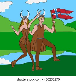 Vikings warriors nordic boy and girl, scandinavian man and woman in helmet. Norwegian culture and nature, Norway landscape outline