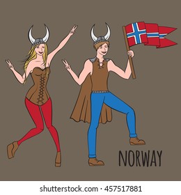 Vikings warriors nordic boy and girl, scandinavian man and woman in helmet. Norwegian culture, Norway outline