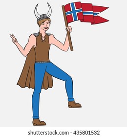 Vikings warriors nordic boy, scandinavian man in helmet. Norwegian culture, Norway outline vector