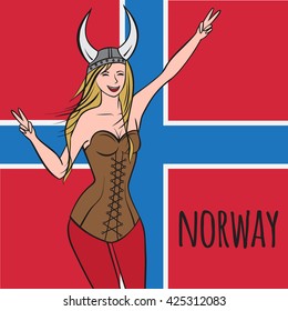 Vikings warriors nordic girl, scandinavian woman in helmet. Norwegian culture, Norway outline