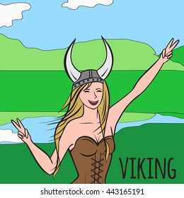 Vikings warriors nordic girl, scandinavian woman in helmet. Norwegian culture and nature, Norway landscape outline