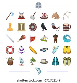 Vikings, weapons, symbols and other web icon in cartoon style. Surfing, sport, hobby icons in set collection.