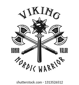 Vikings weapons vector emblem, label, badge, logo or t-shirt print in monochrome style isolated on white background