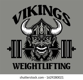 vikings weightlifting team design with mascot holding barbell for school, college or league
