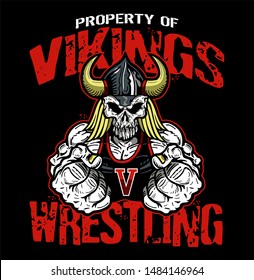 vikings wrestling team design with muscular mascot for school, college or league