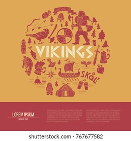 Vikings-brochure, flayer or banner template with lettering and illustrations. Symbols of viking life. Colored background with text area.