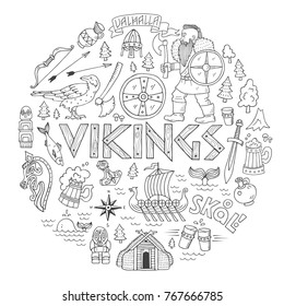 Vikings-handdrawn conceptual illustration with lettering elements and viking life symbols.Art which can be used as t-shirt print, decoration for historical reconstruction festivals, museum exhibition.