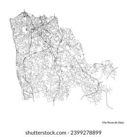 Vila Nova de Gaia city map with roads and streets, Portugal. Vector outline illustration.