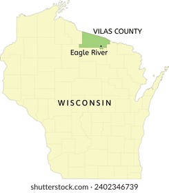 Ubicación del condado de Vilas y la ciudad del río Eagle en el mapa estatal de Wisconsin