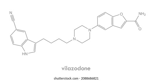 Vilazodone structure. Antidepressant drug molecule. Chemical formula.