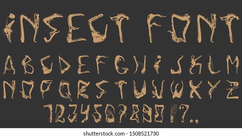 Vile font from different parts of the insects. Paws, antennae, wings, etc. Vector image.