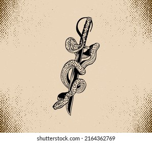 A vile snake coiling around a sword. drawing by hand