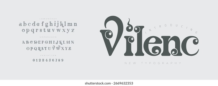 Número Minúsculo Maiúsculo De Fonte Elegante Vilenc. Tipografia de luxo clássico lettering serif fontes casamento decorativo vintage retro logos, design para moda, loja de beleza e marca.
