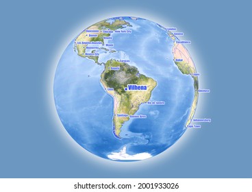 Vilhena-Brasil se muestra en el mapa del globo vectorial. El mapa muestra la ubicación de Vilhena-Brasil en el mundo.