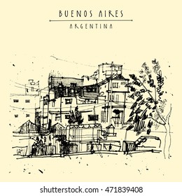 Villa 31, poor dangerous criminal ghetto favela district in Buenos Aires, Argentina, South America. Hand-drawn vintage book illustration, postcard or poster in vector