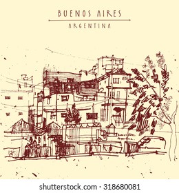 Villa 31 poor dangerous favela district in Buenos Aires, Argentina, South America. Hand drawn vintage postcard or postcard template in vector