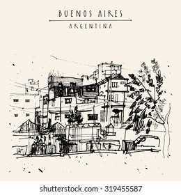 Villa 31 poor dangerous favela district in Buenos Aires, Argentina, South America. Black and white hand drawn vintage postcard in vector