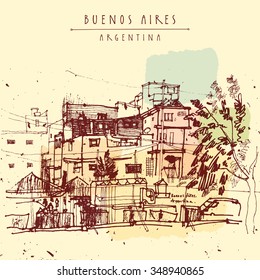 Villa 31 poor dangerous favela district in Buenos Aires, Argentina, South America. Hand drawn vintage postcard. Vector illustration