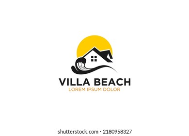 Villa beach resort hotel logo design illustration roof house sunset element icon symbol 