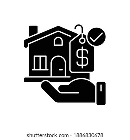 Villa black glyph icon. House for sale. Home with price tag. Mortgage for buying accommodation. Residential property to invest money. Silhouette symbol on white space. Vector isolated illustration