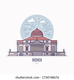 Villa Capra (Villa La Rotonda) - a famous landmark of Vicenza, northern Italy.  A Neoclassical villa designed by Andrea Palladio.  City sight vector icon in simple line art style