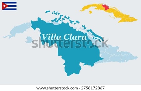 Villa Clara Cuba Map and Flag - Santa Clara Capital, Che Guevara Mausoleum and Escambray Mountains Vector Outline.