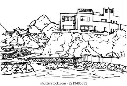 Villa in the craggy hills with a footbridge on the shore Gulf of Oman. Landscape, ink lines. Ra’s Suwayfah, Fujairah, United Arab Emirates