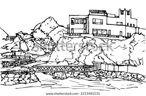 Landscape of a villa in the craggy hills with a footbridge on the shore Gulf of Oman. Landscape, ink lines. Ra’s Suwayfah, Fujairah, United Arab Emirates. Vectors drawing, ink pen landscape by Andrei Kolesov