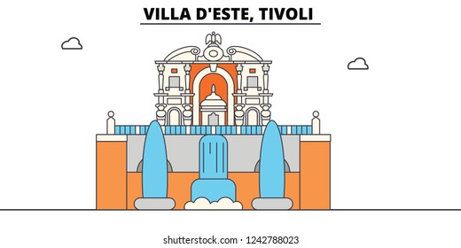 Villa D este, Tivoli line travel landmark, skyline, vector design. Villa D este, Tivoli linear illustration. 