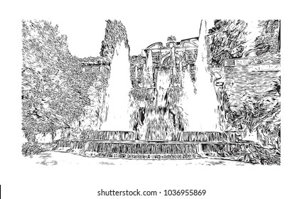 The Villa d'Este is a 16th-century villa in Tivoli, near Rome, famous for its terraced hillside Italian Renaissance garden, Italy. Hand drawn sketch illustration in vector.