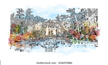 The Villa d'Este is a 16th-century villa in Tivoli, near Rome, famous for its terraced hillside Italian Renaissance garden, Italy. Watercolor splash with Hand drawn sketch illustration in vector.