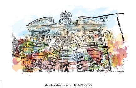 The Villa d'Este is a 16th-century villa in Tivoli, near Rome, famous for its terraced hillside Italian Renaissance garden, Italy. Watercolor splash with Hand drawn sketch illustration in vector.