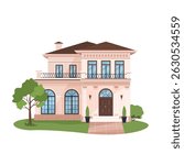 Villa in flat style. Contemporary house or vacation mansion. Isolated clipart on white background for vacation, eco-living, architecture, rural lifestyle, or travel concepts. Vector illustration