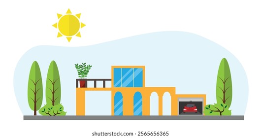 Villa with Garage and Car Flat Style. Posh house. Buildings and architecture concept vector art