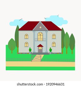 Villa, homestead with lawn, trees and a fence. Facade with columns and a balcony. Vector graphics, isolated white background. Poster, design for the site, postcard, booklet.