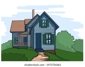 Villa, homestead with lawn, trees and a fence. Vector graphics, isolated white background. Poster, design for the site, postcard, booklet.