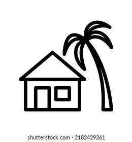 Villa house under palm tree icon in black outline style